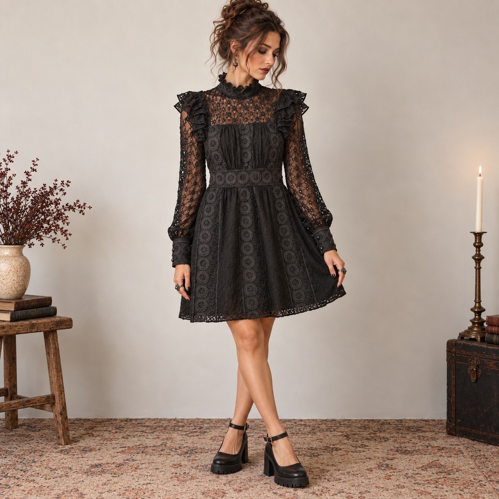 Anna Sui Black Lace Dress 6 Whimsygoth Witchy Ruffle Victorian Gothic Halloween